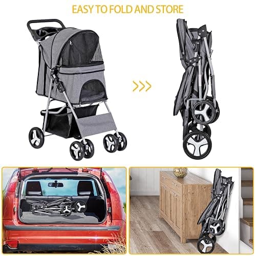 ZENY Foldable Pet Stroller, Cat/Dog Stroller with 4 Wheel, Pet Travel Carrier Strolling Cart with Storage Basket, Cup Holder (Grey) thumbnail 5