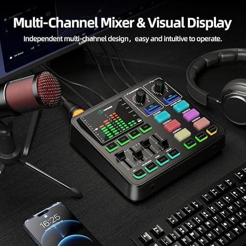 Podcast Equipment Bundle, PUPGSIS Audio Mixer with XLR Dynamic Microphone, Pro-preamp, Bluetooth 5.3, All-in-One Gaming Equipment Set for Podcast Recording, Live Streaming, Video Vocals, PC, Phone, DJ - Black thumbnail 8