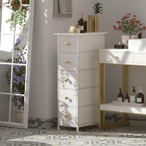 GiftGo Narrow Dresser Cabinet Vertical Slim Dresser Chest of Drawers Skinny Storage Tower for Small Spaces Gaps Closet Bedroom Bathroom Small Fabric Drawer Unit (White, 5 Drawers) thumbnail 5