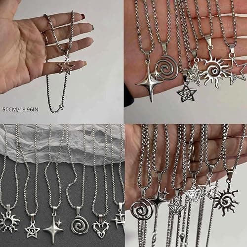 Y2K Necklace Grunge Jewelry Set for Women Men Silver Punk Alt Emo Goth | Y2K Jewelry Silver Cool Punk Emo Necklace Alt Alternative Gothic Accessory Star Sun Pentagram Spiral Necklace Stainless Steel thumbnail 2