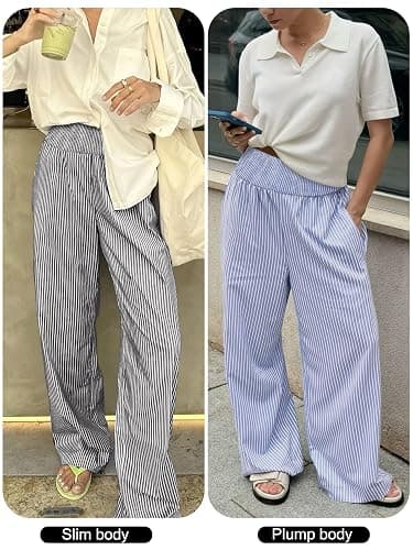 ANRABESS Womens Striped Gingham Palazzo Pants Wide Leg High Waisted Lounge Pajama Pants Cute Casual Trousers with Pockets thumbnail 6