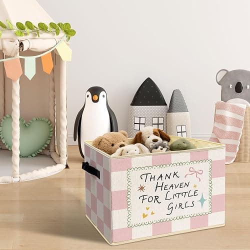 Girls Nursery Blessing Storage Bins Box Foldable Basket for Organizing | girls room collapsible storage bins box with handles, motivational checkered basket organizer for bedroom playroom, 10x14 in thumbnail 2