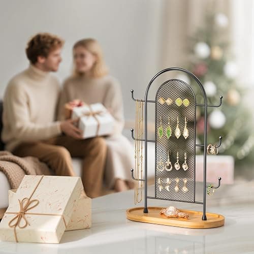 bussdis Jewelry Holder Organizer Earring Display - Stands Earring Storage Earring tree Hanger Jewelry Towers Rack with 6 Hooks 300 Stud Holes Wood Tray for Necklaces Bracelets Rings thumbnail 5