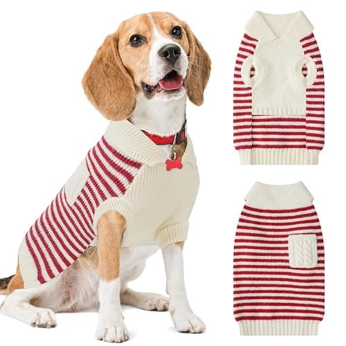 Small Dog Sweater, Knitted Striped Pullover Dog Clothes for Cold Weather, Thick Warm Cozy Stretchy Sweater for Chihuahua, Bulldog, Dachshund, Pug(Red & White Strip, S) - Image 1