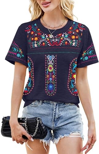 Embroidered Mexican Peasant Blouse Women Summer Boho Shirt Mexico Fiesta Short Sleeve Tops - Image 1