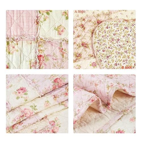 Twin Size Quilt Cotton Pink Floral Patchwork Throw Blanket for Couch Sofa Vintage Reversible Lightweight Quilted Bedspread Coverlets Flowers Quilt Soft Garden Comforter Bed Cover for Bed Home Decor thumbnail 7