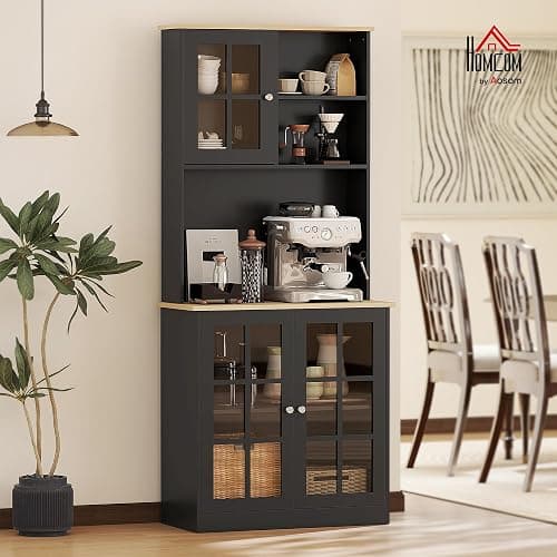 HOMCOM Kitchen Pantry Storage Cabinet, 72" Freestanding Cabinet with Hutch, Large Countertop, Glass Doors and Adjustable Shelves for Dining Room, Black thumbnail 2