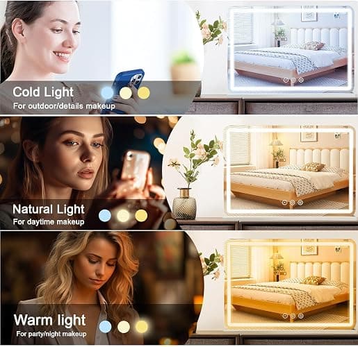 Umeiga Vanity Mirror with Lights, 32" x 22" LED Lighted Makeup Mirror, Smart Touch 3 Colors Dimmable, USB Charger, Large for Bedroom, Black - Black Usb Charing 80x55cm thumbnail 3