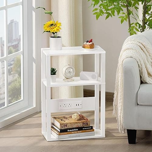 YUFAM 3-Tier Small Narrow Wood Side Table with Charging Station, Skinny Nightstand for Small Space, Slim Bedside Table with Storage for Couch, Thin End Table with USB Ports and Outlets, White - 1 Pack - White thumbnail 7