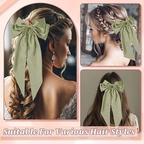 STGDAK Hair Bow Clips Elegant Bows Sage Green Bows Satin Ribbon Bow Large Bowknot Barrette Metal Clips St. Patrick's Day Hair Accessories For Women Girls Mardi Gras thumbnail 3