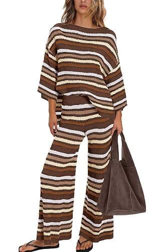 ReachMe Womens Oversized Striped 2 Piece Set Sweater and Wide Leg Pants with Pockets Pajama Lounge Sets Casual Outfits thumbnail 2