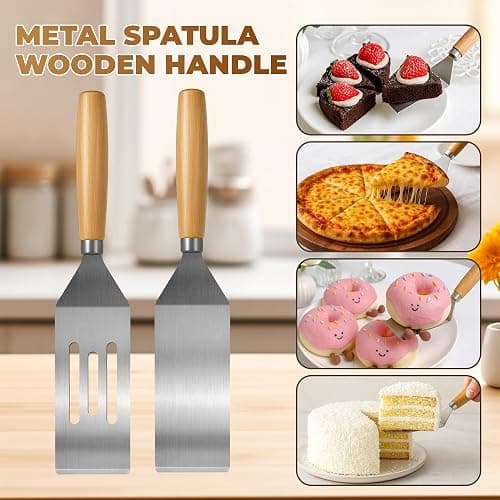 2-Piece Small Stainless Steel Spatula Set with Wooden Handles, Ideal for Flipping, Cooking, and Serving. Perfect for Brownies, Tiramisu, Cookies, Lasagna, and Pancakes. thumbnail 4