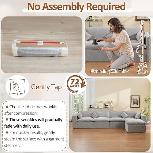 146''Cloud Boneless Sectional Couch, Modular Sectional Sofa Deep Seat with Ottoman, Oversized Upholstered Convertible Comfy 5 Seater Chenille Sofa L Shape Couches for Living Room, Light Grey thumbnail 5