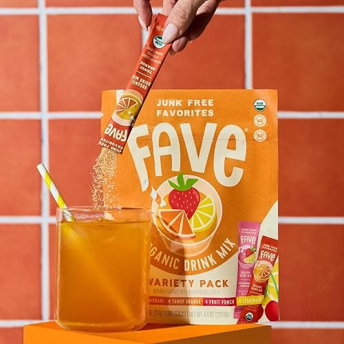 FAVE Variety Pack USDA Organic Drink Mix, 16 Stick Pouch | Lemonade, Strawberry Lemonade, Fruit Punch and Tangy Orange. Four flavors, 16 sticks. thumbnail 3
