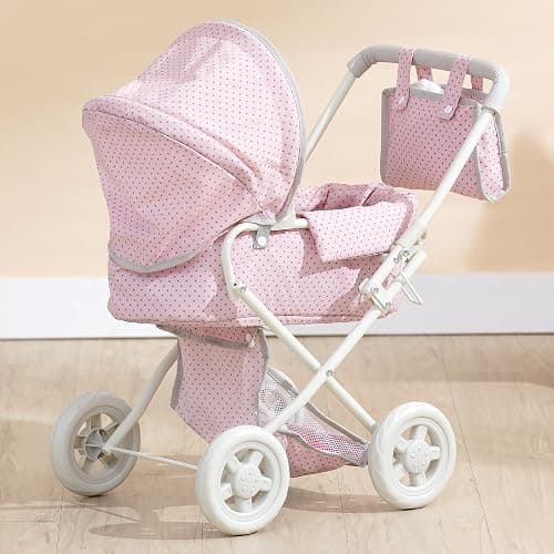 Olivia's Little World Buggy-Style Baby Doll Stroller with Retractable Canopy, Storage Underneath, Detachable Bassinet, Travel Nursery Bag, Comfortable to Push, Pink and Gray thumbnail 4