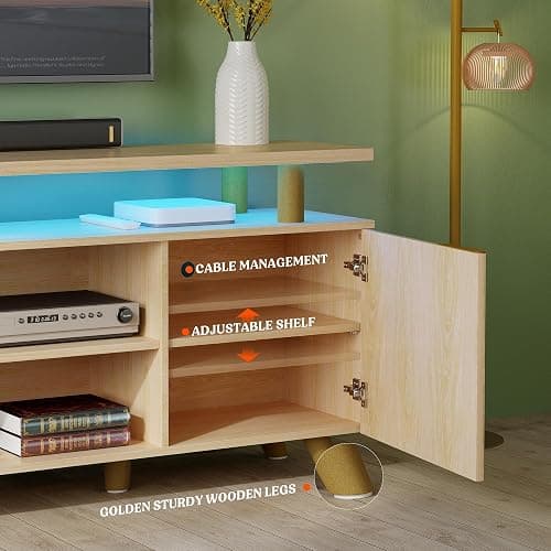 Lulive Modern TV Stand for 55/60/65/70 inch Television, Entertainment Center with Wooden Storage Cabinets and Power Outlet，Media Console for Living Room Bedroom (Natural Oak) thumbnail 8