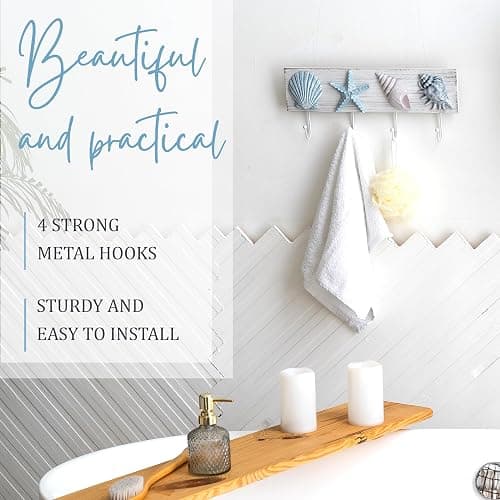 TideAndTales Beach Decor Seashell Wall Hooks Towel Rack for Bathroom, Bedroom or Kitchen | 4 Strong Hooks | Ocean Theme Beach House Decor thumbnail 4