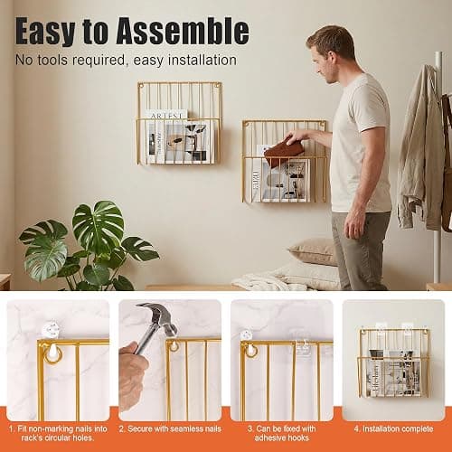 Pipigaty 2-Pack Wall Magazine Rack, Gold Metal Mail and File Organizer | Durable gold metal rack holds magazines and mail while adding a modern accent to offices, bathrooms and living rooms thumbnail 7