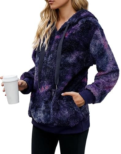 Yanekop Womens Hoodies Sherpa Pullover Sweater Fuzzy Fleece Sweatshirt Oversized Hoodie Cozy Outerwear with Pockets - 3X-Large - C Dark Purple thumbnail 3
