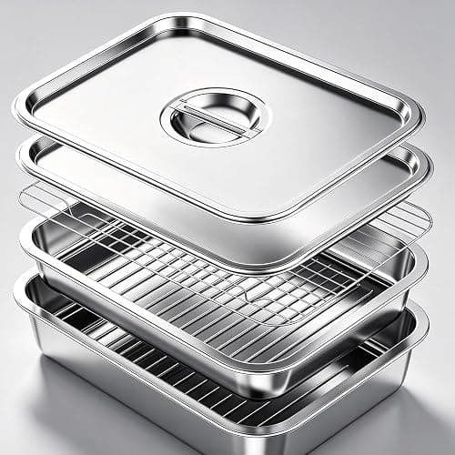 Zkeewup Grill Prep Tray & Serving Tray Set with Lids –5-Piece Grill Carry System for Marinating, Carrying & Serving, Stainless Steel BBQ Trays, BBQ Prep Grill Pan with 2 Lids and 1 Rack - Image 1
