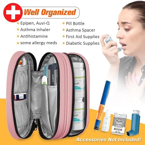 SITHON Double-Layer Epipen Carrying Case, Travel Medication Organizer Bag Emergency Medical Pouch Holds 2 EpiPens, Asthma Inhaler, Anti-Histamine, Auvi-Q, Allergy Medicine Essentials, (Pink) thumbnail 3