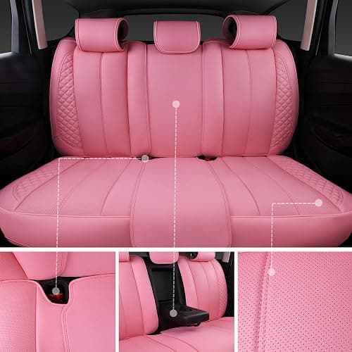 CAR PASS Nappa Pink PU Leather Car Seat Covers Full Set Cute for Women Waterproof Cushioned,Universal Fit for Sedan SUV Pick-up Truck,Automotive, Anti-Slip Front and Backseat Luxury Premium (Pink) thumbnail 4