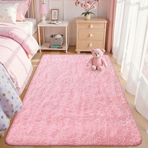 OLANLY Area Rugs for Living Room Bedroom, Machine Washable 4x5.9 ft Soft Fluffy Shaggy Bedside Rug, Indoor Floor Carpet for Kids Girls and Boys, Dorms, Nursery Rooms, Home Decor Aesthetic, Pink thumbnail 5