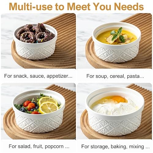 Large Mixing Bowls with Airtight Lids, Classic White Porcelain Embossed Nesting Salad Bowls for Baking and Cooking, 12/16/28/40oz Serving Bowls Set of 4, Oven and Dishwasher Safe, Thanksgiving Gift thumbnail 8