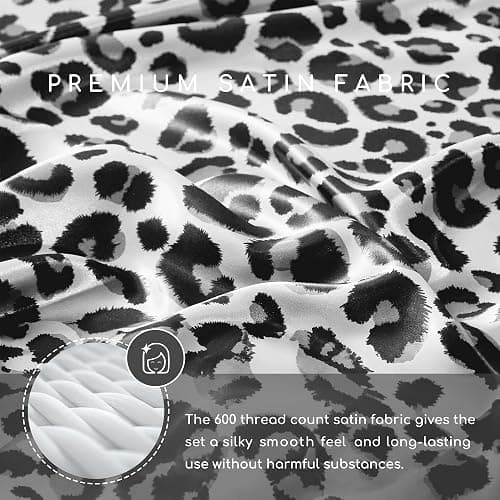 MR&HM Satin Sheets with Elastic Corner Straps, Full Size Sheets Set, 4 Pcs Silky Bedding Set with 15 Inches Deep Pocket for Mattress (Full, White Leopard) thumbnail 3