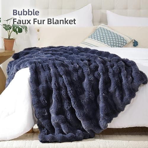 Smoofy Faux Fur Throw Blanket for Couch – Navy Blue Fluffy Cozy Rabbit Fleece, Plush Soft Bubble Blanket for Sofa & Bed, for Mom, Warm Fuzzy Home Room Decor Throw 60" x 80" thumbnail 2