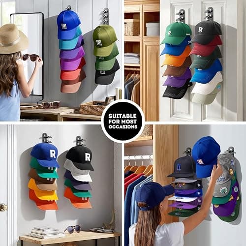 Hat Hook for Wall, 2 Pack Hat Organizer Hold up to 20 Hats,Hat Holder with Strong Adhesive and 8 Pack Screws, Cap Holder Hat Hangers for Wall Closet Door and Bedroom(B-Black) thumbnail 7