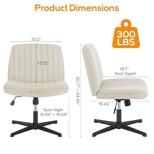 DUMOS Criss Cross Chair Legged Office Wide Comfy Desk Seat, No Wheels Armless Computer Task Seating, Swivel Vanity Home Height Adjustable - Modern - Beige thumbnail 2