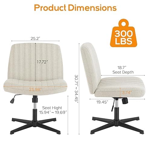 DUMOS Criss Cross Chair Legged Office Wide Comfy Desk Seat, No Wheels Armless Computer Task Seating, Swivel Vanity Home Height Adjustable - Beige - Modern thumbnail 2