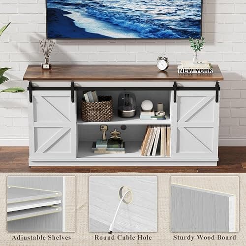 YESHOMY Farmhouse TV Stand for Televisions up to 65 Inches, Sliding Barn Doors and Storage Cabinets, Console Table and Media Furniture for Living Room, 58 Inch, Milk White thumbnail 7