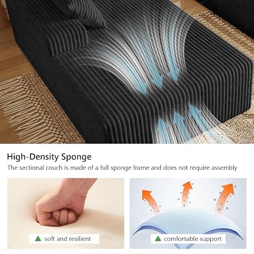 Oversized 80" Double Chaise Lounge Chair Futon Sofa Bed Boneless Cloud Couch Sleeper Sofa, Flannel Upholstered Floor Sofa Modular Sectional Loveseat with 2 Throw Pillow & Backrest Pillow, Black thumbnail 3
