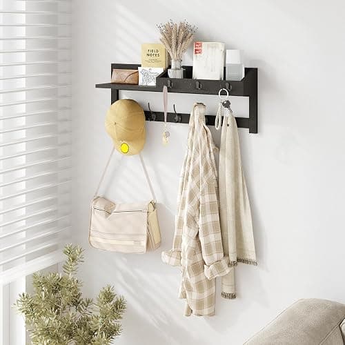 AMBIRD Wall Hooks with Shelf - 26.57" Entryway Wall Hanging Shelf Wood Coat Hooks and Key Holder (Black) thumbnail 3