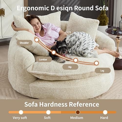 Gfovixo 55 inch Oversized Round Chair, Fluffy Chenille Boneless Sofa with Extra Deep Seat for Living Room Lounge (Beige) thumbnail 3