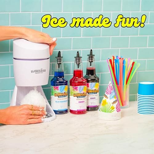 Hawaiian Shaved Ice Machine Kit - 3 Flavors, 25 Cups, Straws, Pourers, Ice Molds thumbnail 4