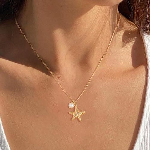 MTMY Gold Starfish Necklace 14K Gold Plated Shell Conch Ocean Pendant Necklace for Women Beach Summer Jewelry thumbnail 2