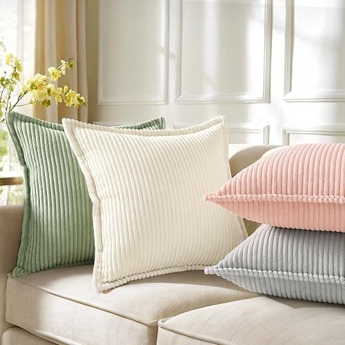 decorUhome Corduroy Sage Green Throw Pillow Covers 18x18 Set of 2 Decorative Soft Boho Farmhouse Euro Couch Pillow Covers for Living Room Bed Sofa Broadside Striped Pillow Cases thumbnail 4