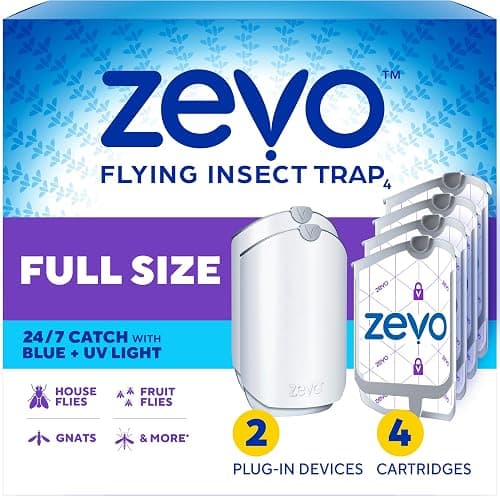 Zevo Flying Insect Trap for Fruit Flies & Gnats, 2 Plug-in Bases, 4 Refills | Catches Fruit Flies & Gnats Near Fruit Bowls & Trash Bins, Spray-Free, Odor-Free, Blue & UV Light Trap, Safe for Kids & Pets* - Image 1
