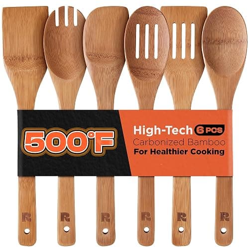 Riveira Dark Bamboo Wooden Spoons for Cooking 6-Piece, Apartment Essentials Wood Spatula Spoon Nonstick Kitchen Utensil Set Premium Quality Housewarming Gifts for Everyday Use - Image 1