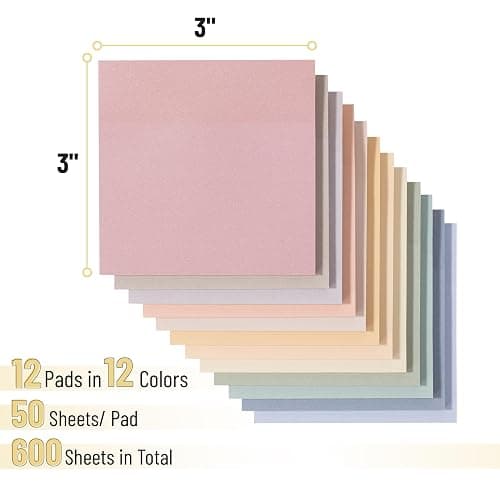 Mr. Pen- Sticky Notes, 3"x3", 12 Pads, 600 Sheets, Soft Vintage Colors, Sticky Notes Bulk, Self-Stick Note Pads, Perfect for Office, School, Home, Study & Organization thumbnail 3