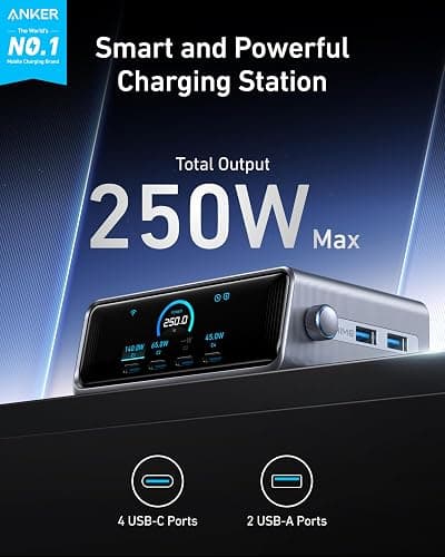 Anker Prime Charger, 250W GaN Prime USB C Charging Station, Ultra-Fast 6-Port, 2.26" LCD Display and Smart Control Dial, Compatible with MacBook Pro/Air, iPhone 16/15/14, Galaxy, and More (Silver) thumbnail 2
