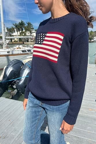 Adoeren Women American Flag Sweater Vintage Long Sleeve Crewneck Knitted Jumper Oversized Aesthetic Knit Pullover Top thumbnail 4