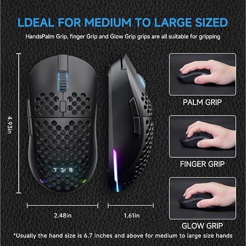 TMKB Falcon M1 Wireless Gaming Mouse, 24000DPI Optical Sensor, 180Hrs Battery, Lightweight, 6 Programmable Buttons, RGB Strip, 2.4G/BT5.2/USB-C Wired for PC/Mac/Laptop - Matte Black thumbnail 8