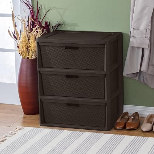 CNEIESD 3-Drawer Wide Weave Plastic Decor Drawer Tower – Brown, Pull Handles, Concealed Storage thumbnail 4