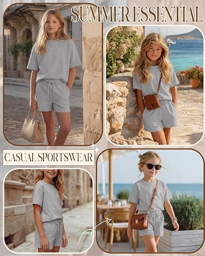 Mumucove Girls' 2 Piece Outfits 5-14 Years Loose Sets Kids Short Sleeve Drop Shoulder T-shirt Drawstring Shorts with Pockets thumbnail 4