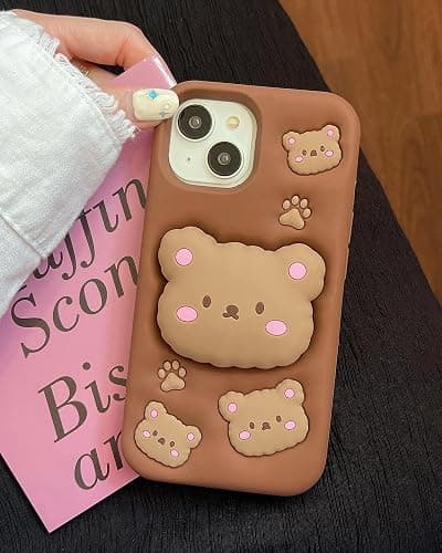 TUFTA Kawaii 3D Teddy Bear Phone Case for iPhone 15 (with Retractable Phone Stand & Grip) Cute Girly Cartoon Soft Silicone Phone Cover for Girls, Kids, Teens, and Women, Brown thumbnail 4