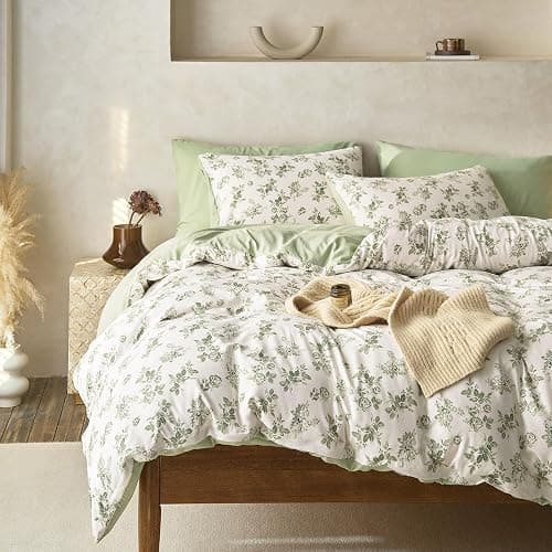 Wake In Cloud - Cottagecore Comforter Set, Floral Vintage Flower Shabby Chic Coquette Aesthetic for Women Teen Girls, Soft Lightweight Dorm Bedding, 3 Pieces, Sage Green, Full Size thumbnail 5